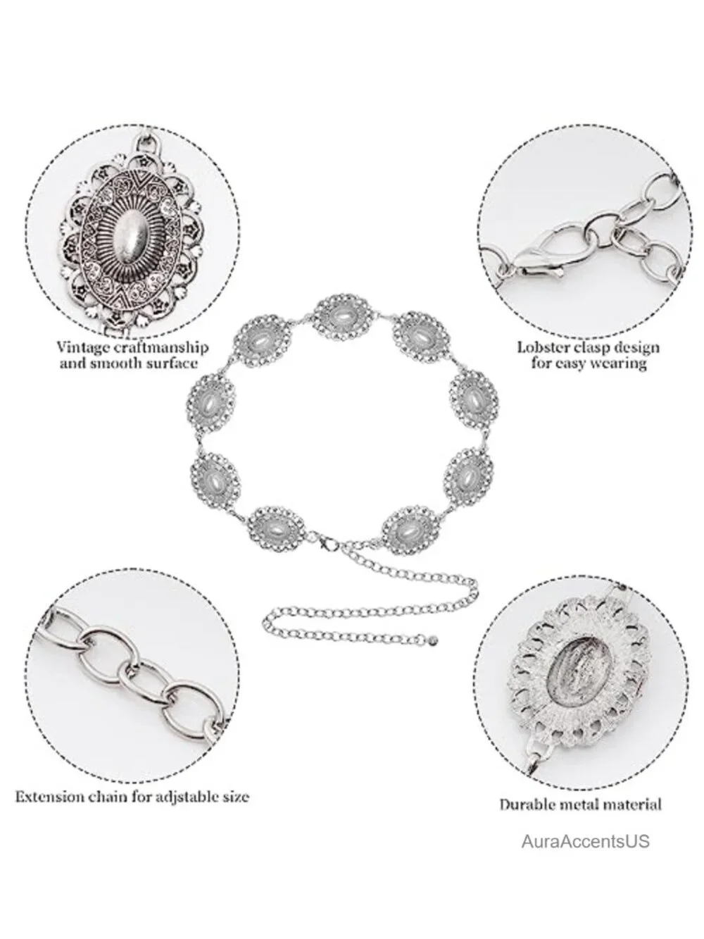 Adjustable Western Oval Concho Chain Belt for Dresses Jeans Cowgirl